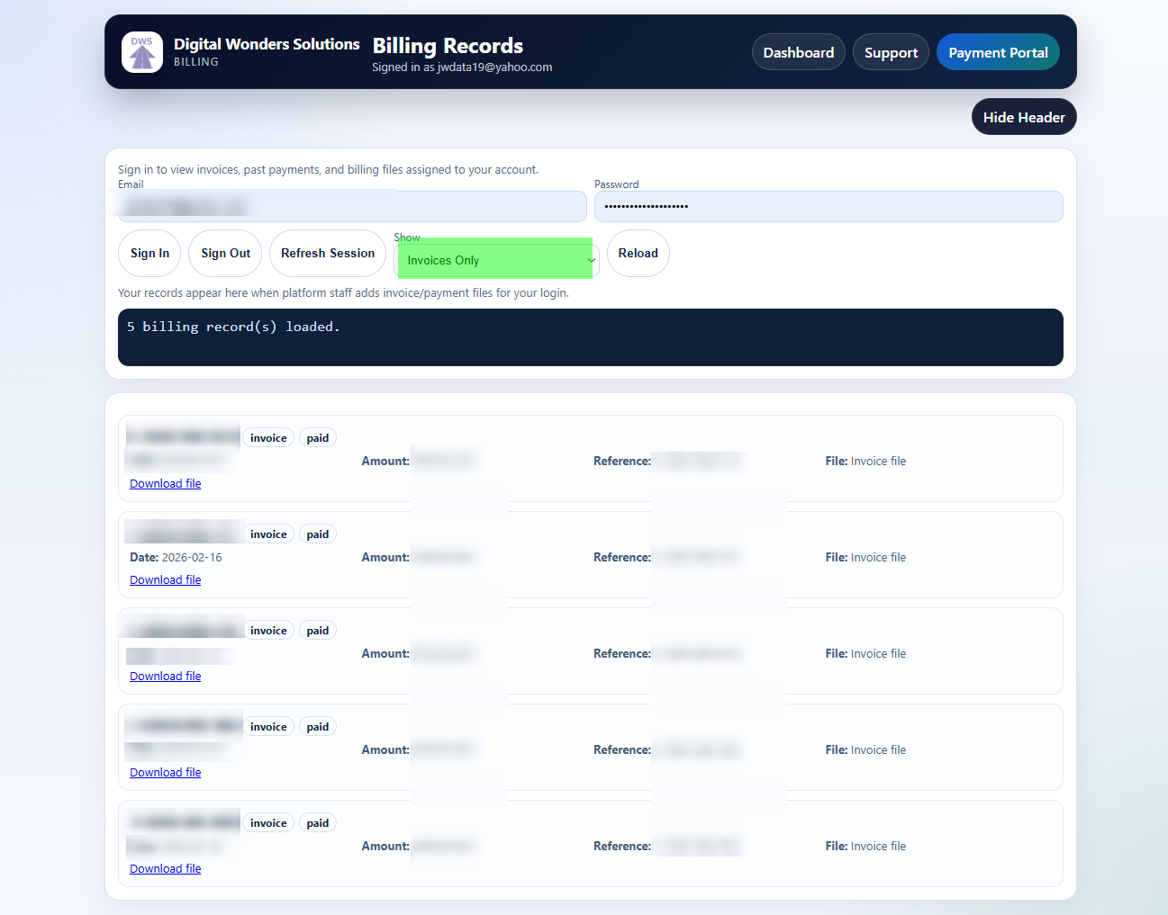 Screenshot of the Billing Records Page