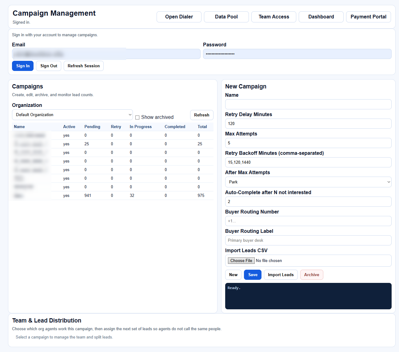 screenshot of campaigns page